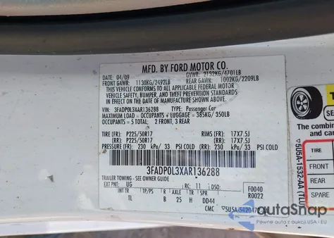 2010 Ford Fusion Hybrid z USA, uszkodzony, nr VIN 3FADP0L3XAR136288